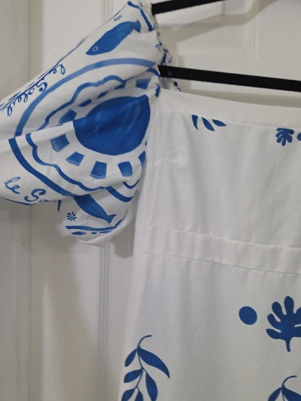 White and Blue Printed Maxi Dress with Puff Sleeves - Picture 4 of 5